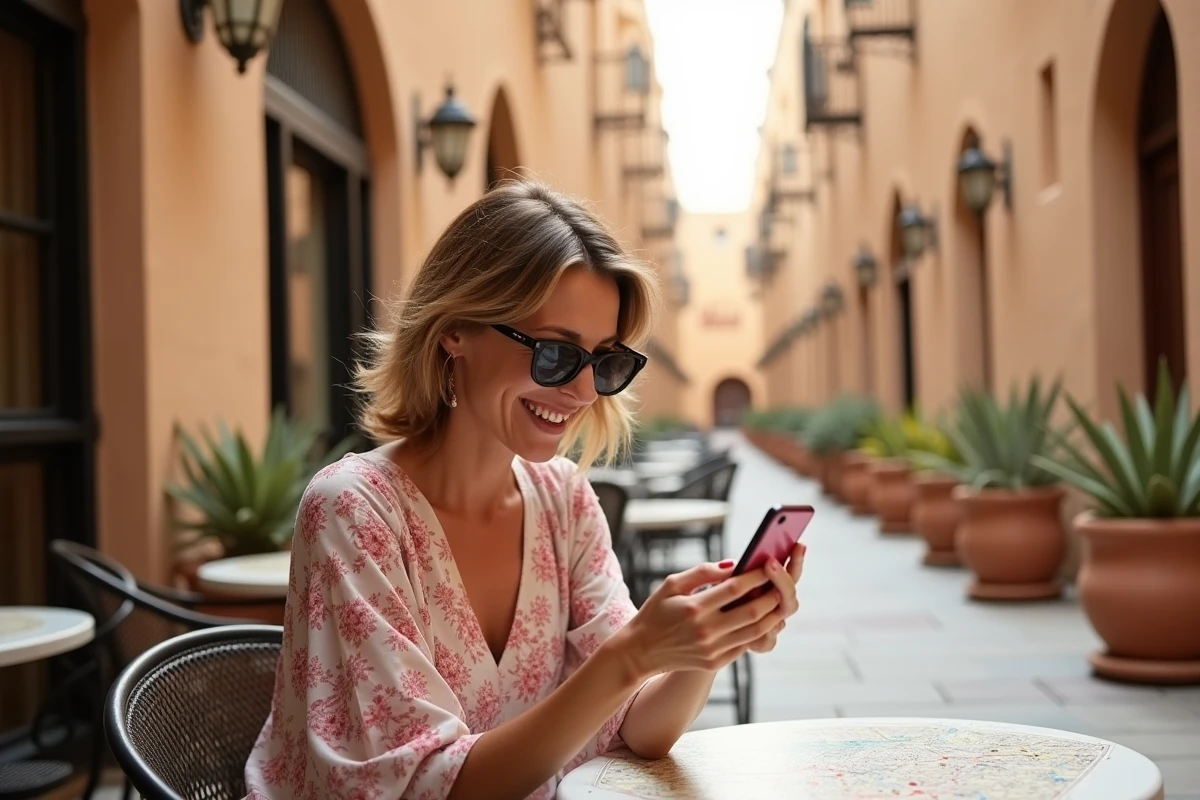 Femme consultant une carte de quartier sur smartphone dans le quartier historique Al Fahidi à Dubaï