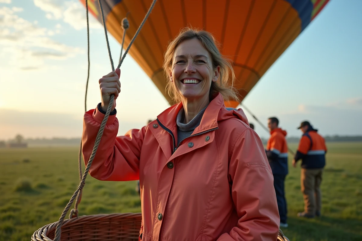 Femme souriante dans la nacelle d'une montgolfière au printemps lors du gonflage de l'enveloppe dans une prairie verdoyante