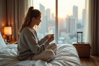 Femme fatiguée tenant une tasse de thé dans une chambre d'hôtel à l'aube après un long vol international, illustrant le décalage horaire