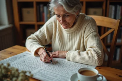 Femme remplissant des mots croisés dans un journal avec un stylo, assise à une table en bois dans une cuisine chaleureuse