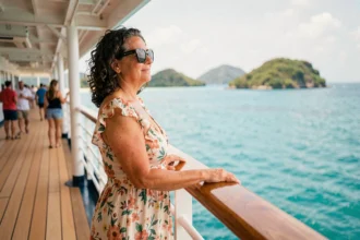 Femme souriante sur le pont d'un bateau de croisière aux Caraïbes avec vue sur une baie turquoise