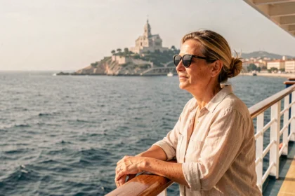 Femme à bord d'un bateau de croisière admirant la côte de Marseille depuis le pont