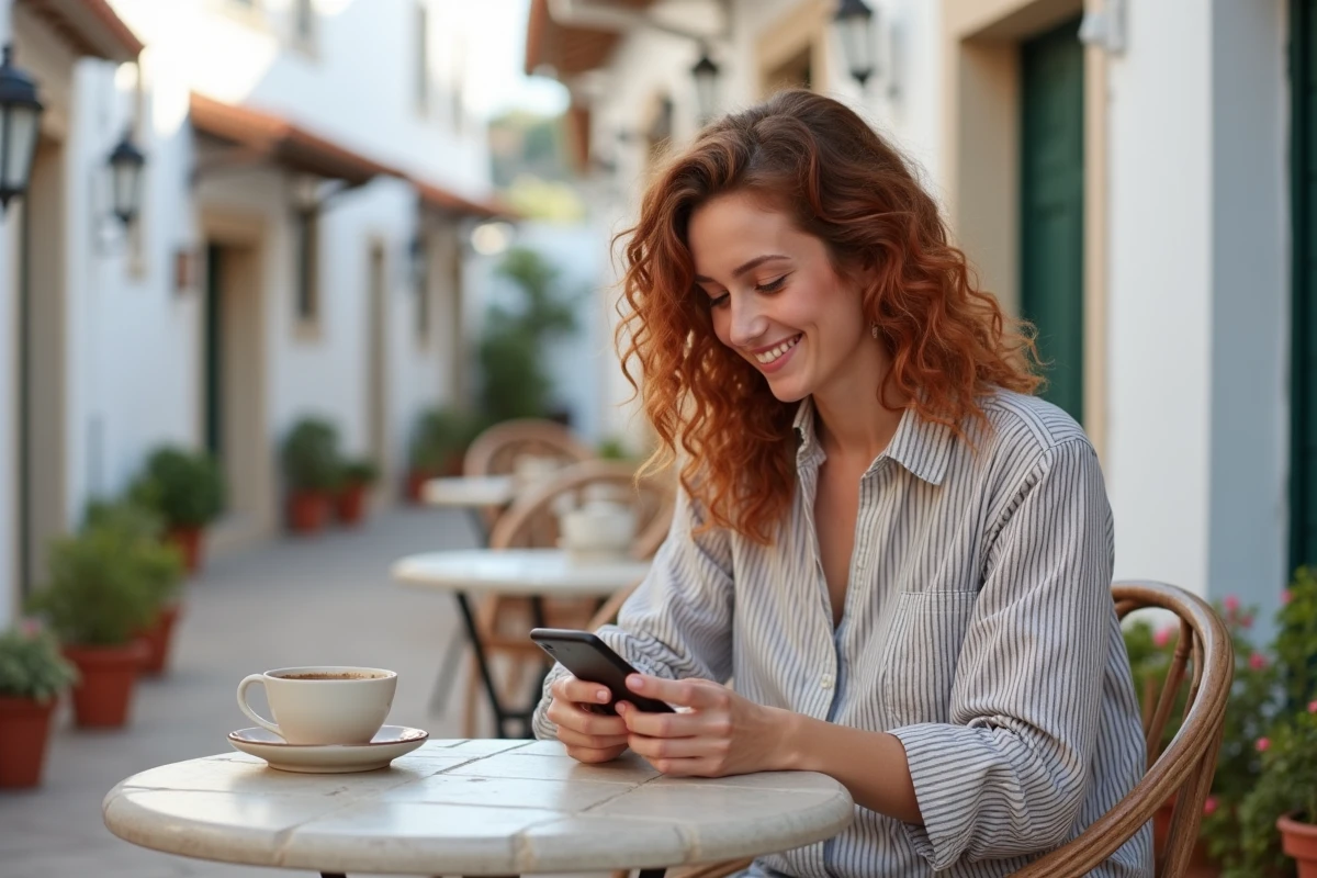 Jeune femme utilisant les réseaux sociaux avec une eSIM dans un café en bord de mer méditerranéen