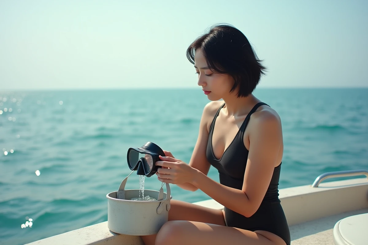 Femme rinçant un masque de plongée dans un seau d'eau de mer après l'avoir enduit de salive sur un bateau