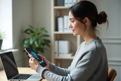 Femme en télétravail utilisant une eSIM sur smartphone dans un bureau à domicile moderne