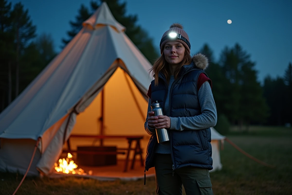 Femme debout devant une tente cloche la nuit en camping avec frontale lors d'une pause nocturne