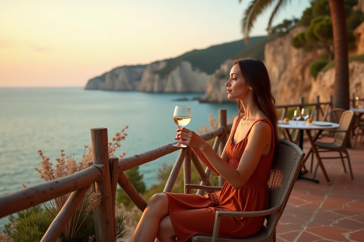 Femme contemplant le coucher de soleil depuis une terrasse de restaurant en bord de mer en Espagne