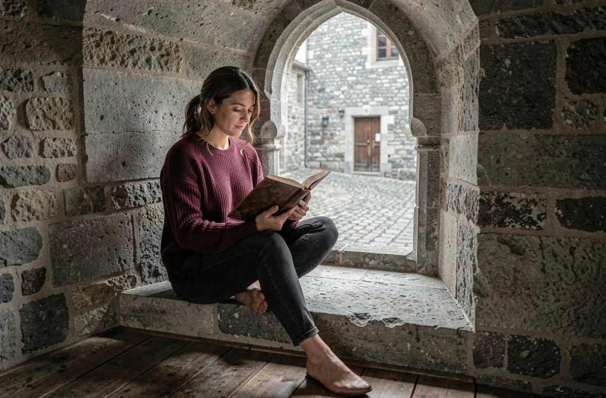 Femme lisant dans une tour de château fort médiéval en France, vue sur une cour intérieure pavée