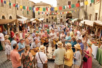 Foule animée assistant à un festival culturel estival en plein air sur une place pavée en Europe du Sud