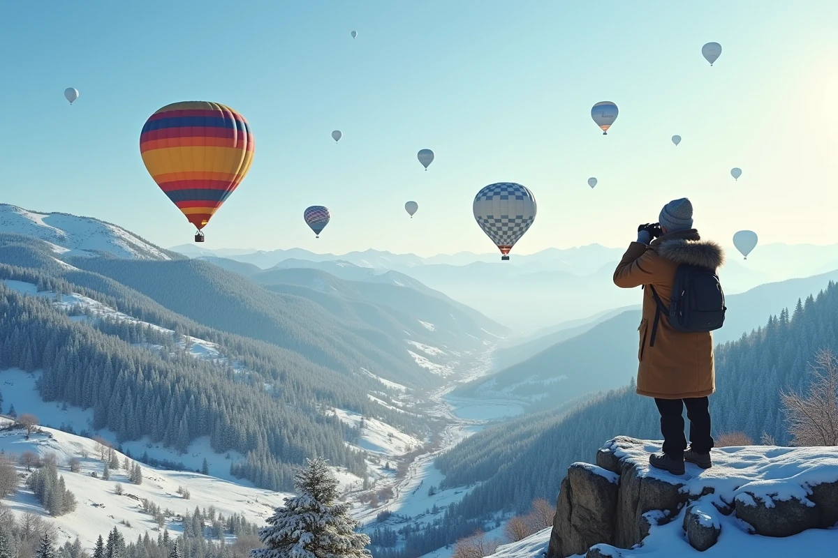 Flotte de montgolfières colorées survolant une vallée enneigée en hiver vue depuis un observateur solitaire en manteau de laine sur un promontoire rocheux