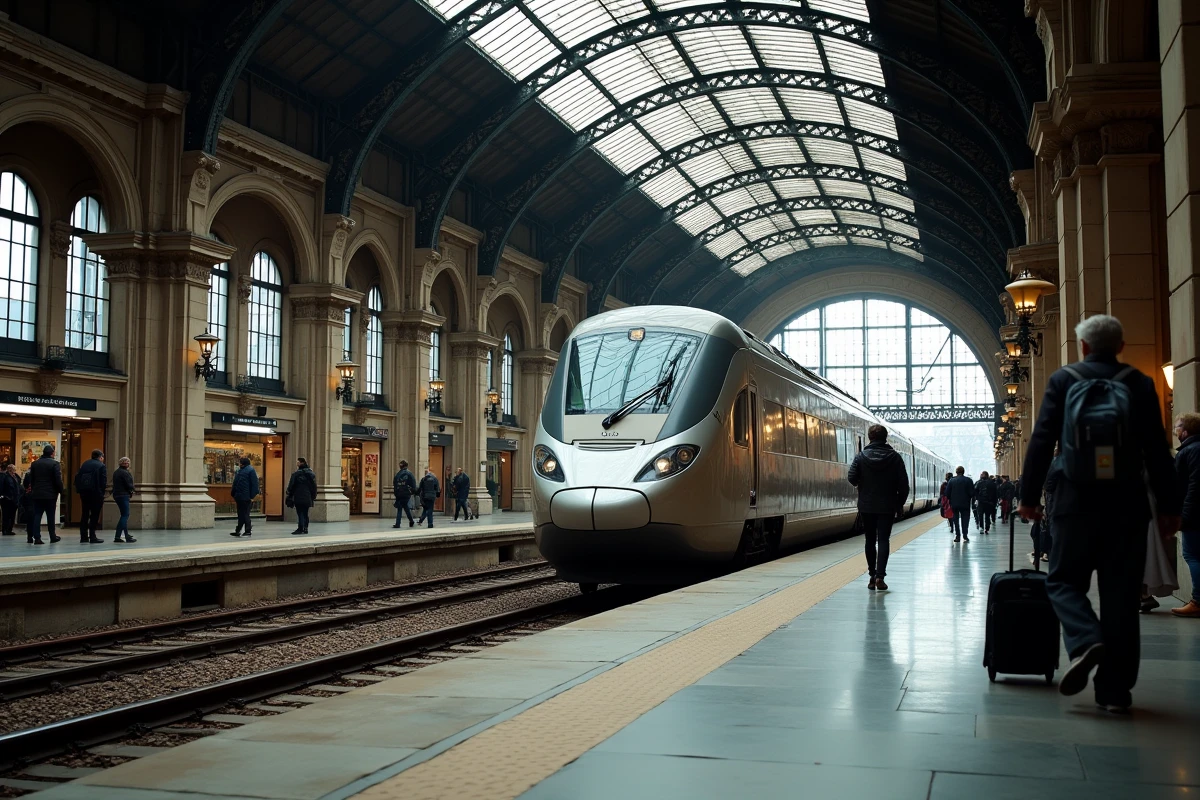 Gare ferroviaire européenne historique avec une verrière en fer forgé et un train intercités en attente sur le quai