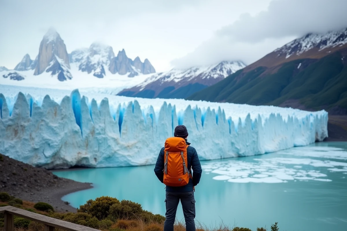 Randonneur admirant le glacier Perito Moreno en Patagonie argentine avec ses immenses parois de glace bleue sur le lac Argentino