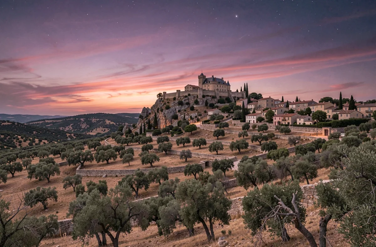 Silhouette du château et du village de Gordes contre un ciel rose et violet au crépuscule