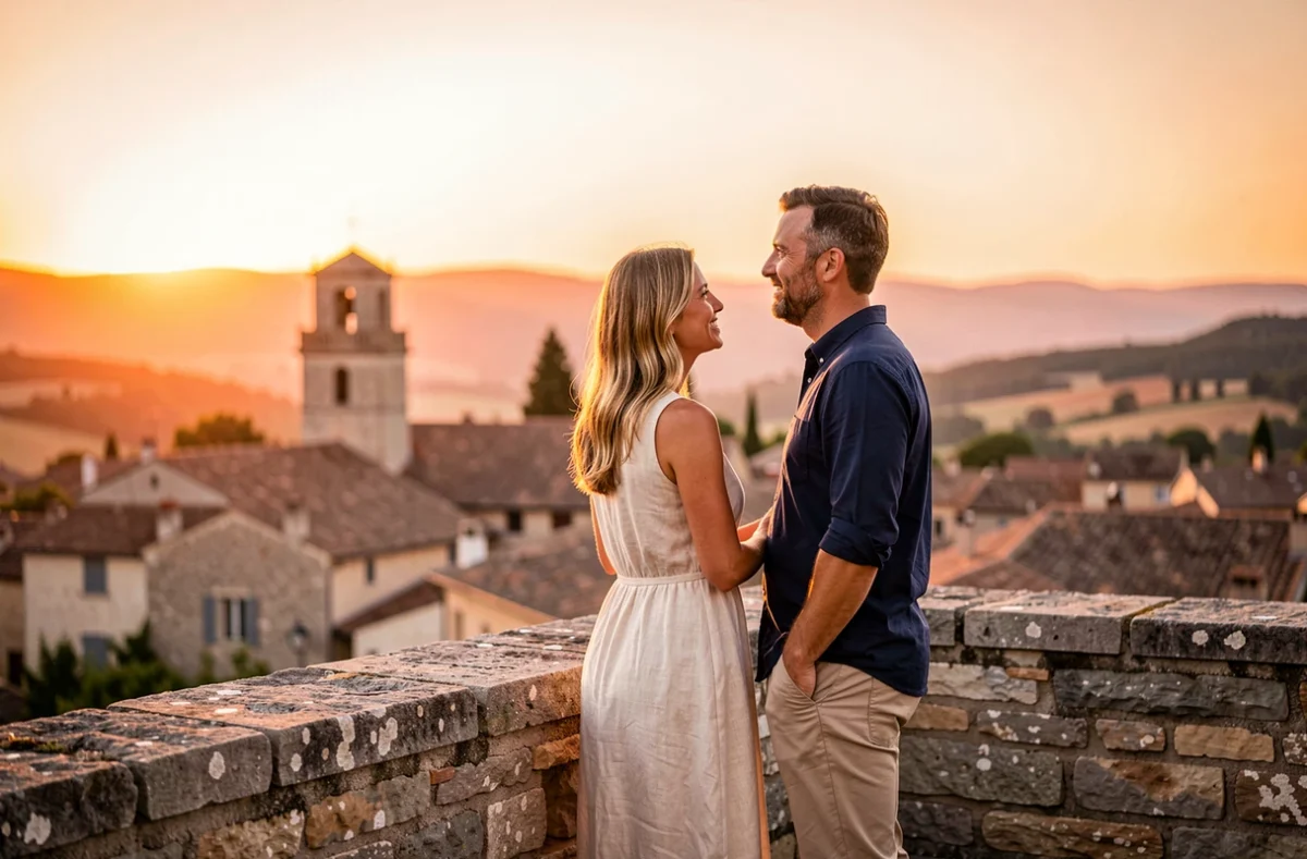 Couple admirant le panorama de Gordes depuis un belvédère au coucher du soleil