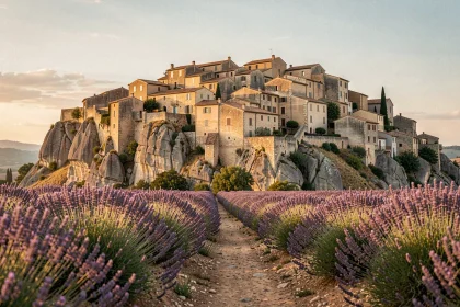 Village de Gordes au lever du soleil vu depuis les champs de lavande en Provence