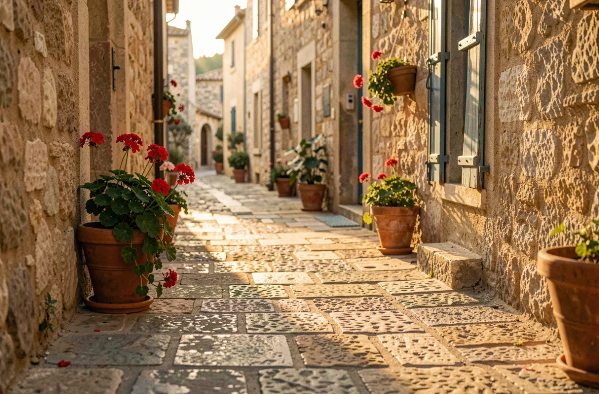 Ruelle pavée de Gordes aux reflets dorés du lever du soleil avec volets bleus et pots de fleurs