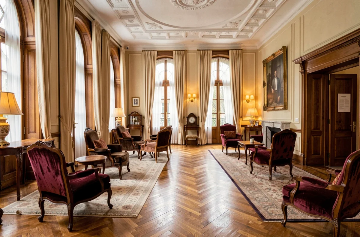 Hall d'accueil élégant du Grand Pavillon Chantilly, avec parquet ancien, fauteuils en velours et hautes fenêtres