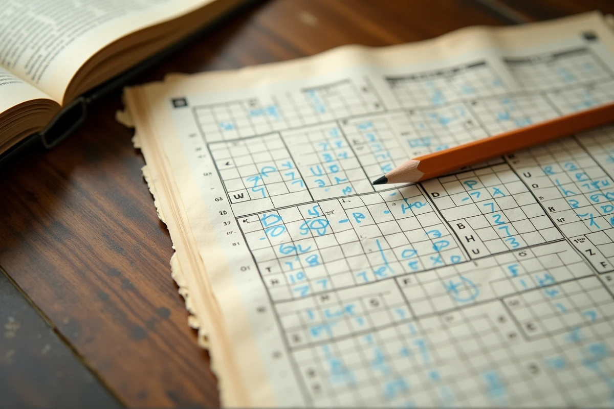Gros plan sur une grille de mots croisés remplie au stylo bleu posée sur un bureau en bois avec un atlas ouvert