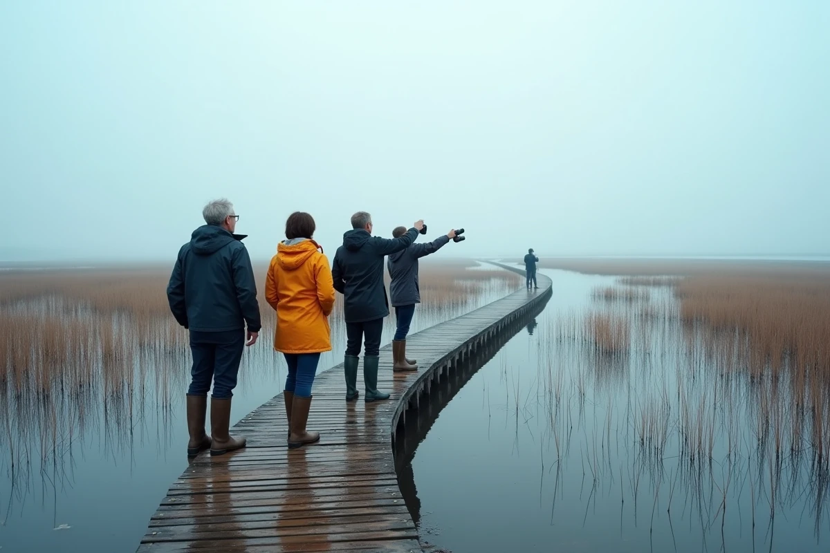 Groupe de touristes observant des oiseaux dans une zone humide lors d'une excursion écotouristique