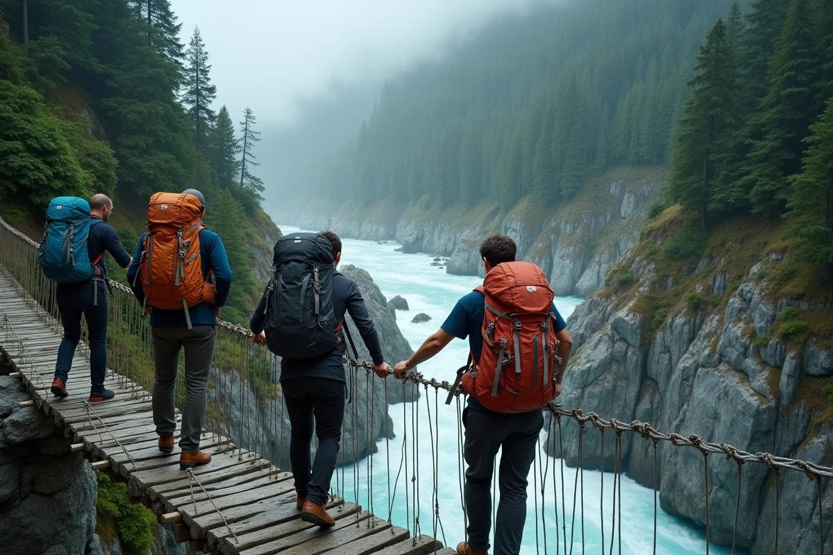 Groupe de trekkeurs traversant un pont suspendu au-dessus d'une gorge glaciaire lors d'un trek extrême en altitude