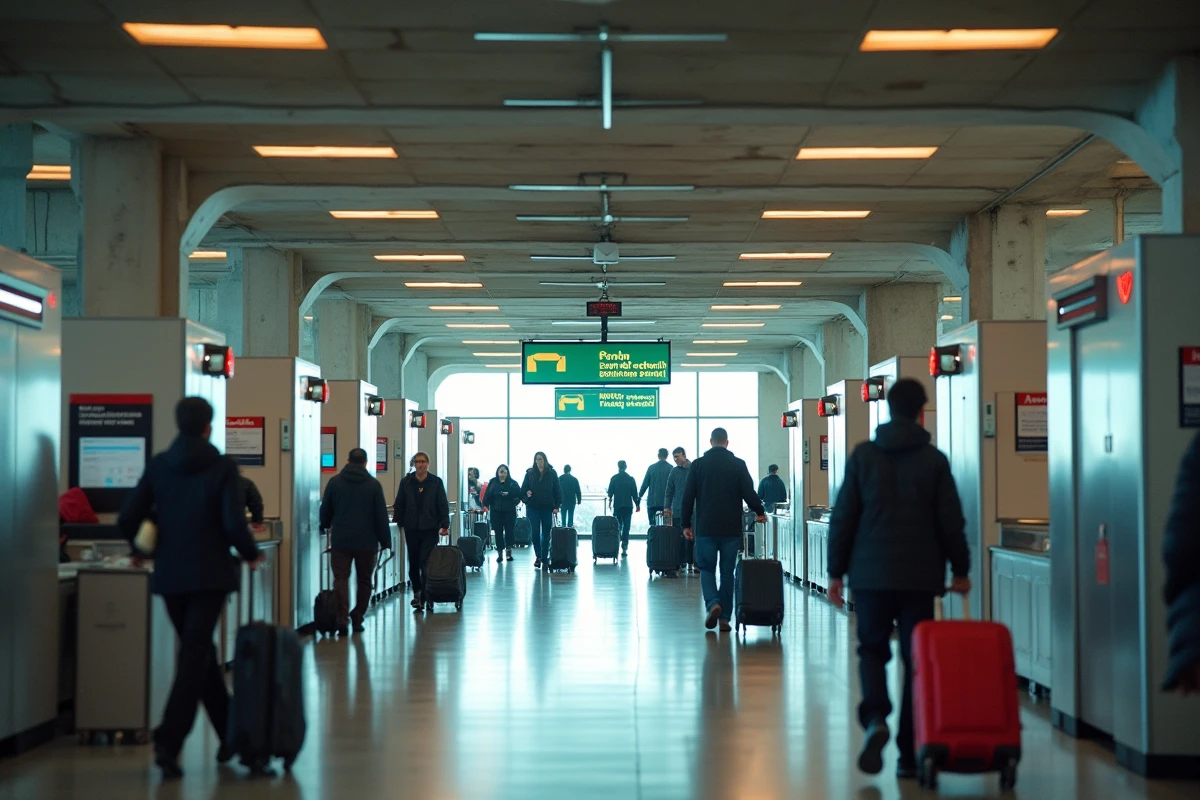 Vue large d'un hall de douane avec couloirs verts et rouges et voyageurs en file dans un aéroport international
