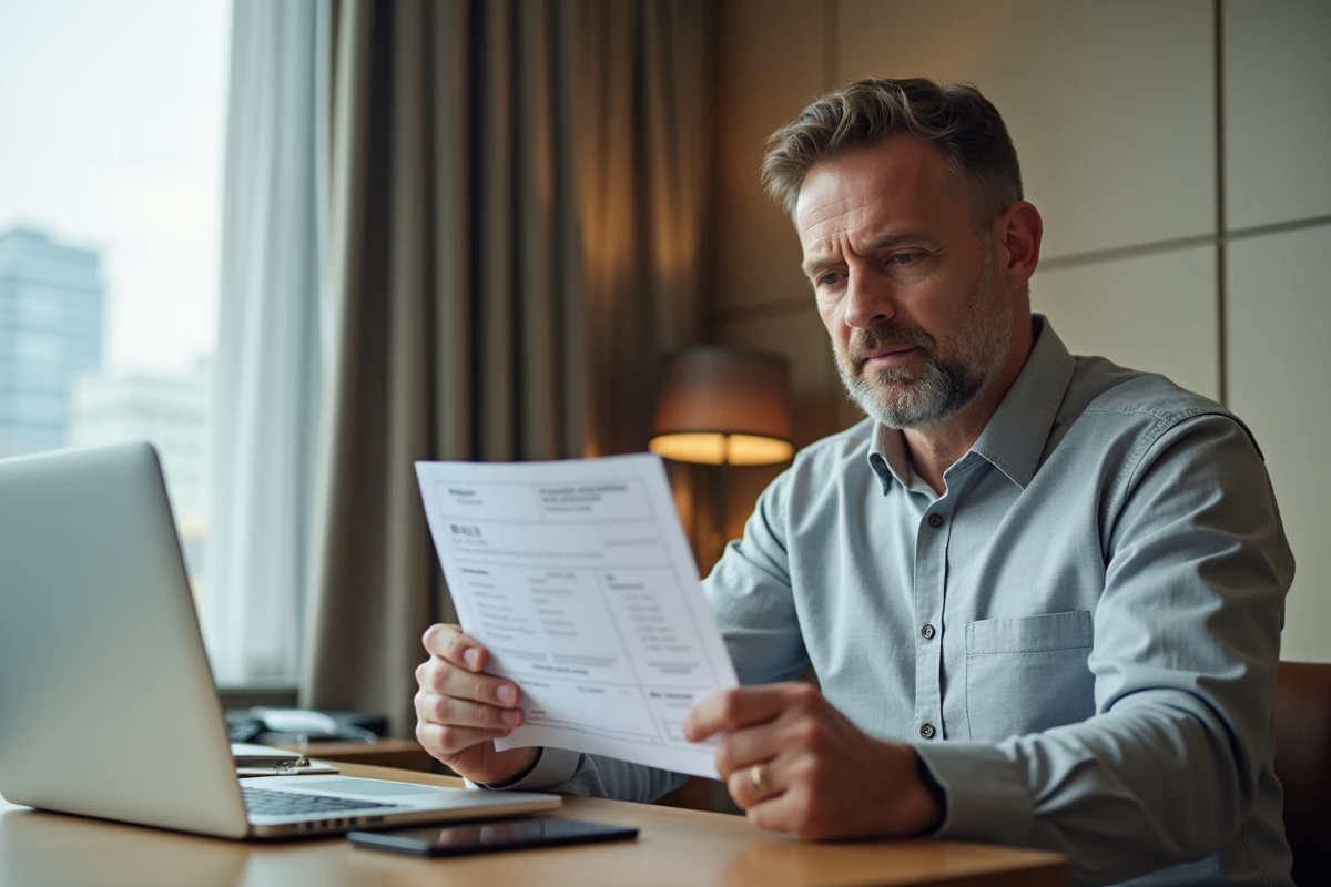Homme d'affaires analysant une facture d'hôtel avec supplément chambre individuelle dans sa chambre