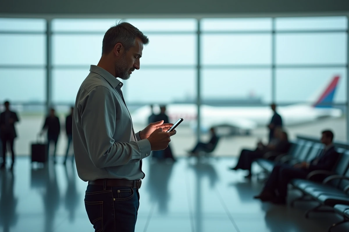 Homme consultant une application de réservation de voyage sur son smartphone dans un terminal d'aéroport