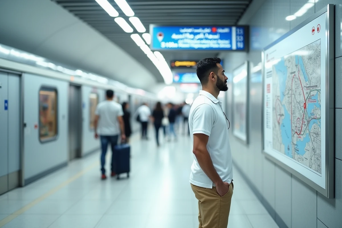 Homme étudiant une carte des quartiers de Dubaï dans une station de métro moderne