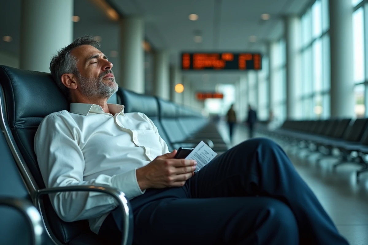 Homme épuisé assoupi dans un siège de terminal d'aéroport international, symbolisant la fatigue liée au décalage horaire lors d'un voyage longue distance