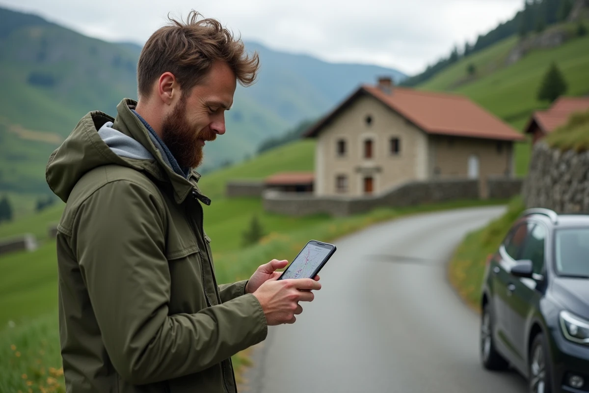 Homme utilisant la navigation GPS avec une eSIM lors d'un voyage en Europe à la campagne