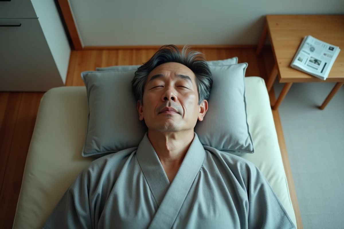 Homme japonais endormi sur un futon dans un appartement urbain de Tokyo
