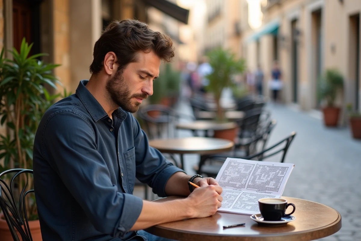 Homme résolvant un puzzle de mots croisés en terrasse de café dans une rue pavée européenne
