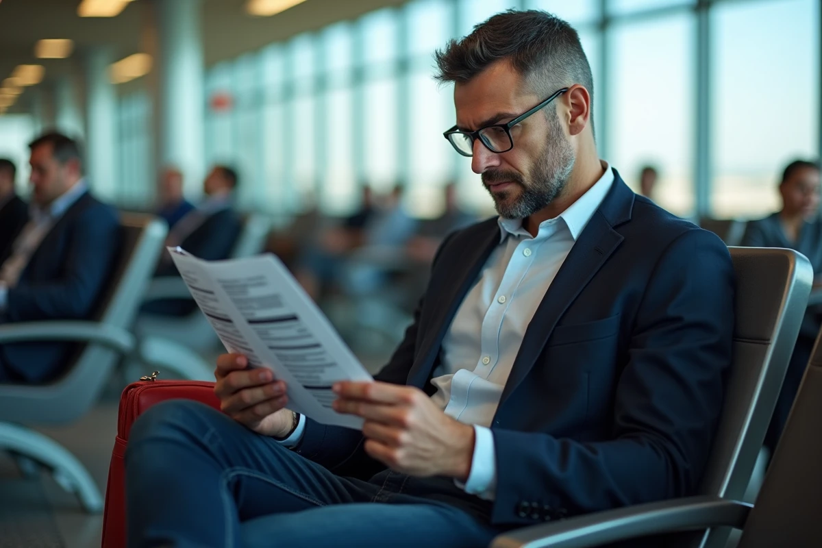 Homme dans un salon d'aéroport comparant une photocopie de carte d'identité et son passeport avant l'embarquement