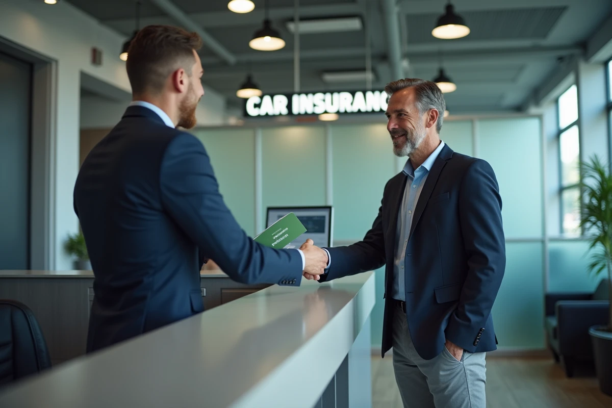 Homme recevant sa carte verte d'assurance internationale dans une agence d'assurance auto