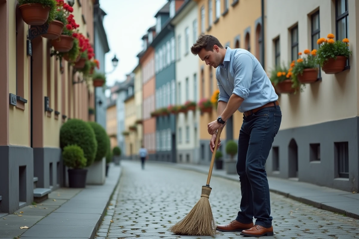Jeune homme balayant une rue pavée impeccable dans une ville européenne réputée pour sa propreté