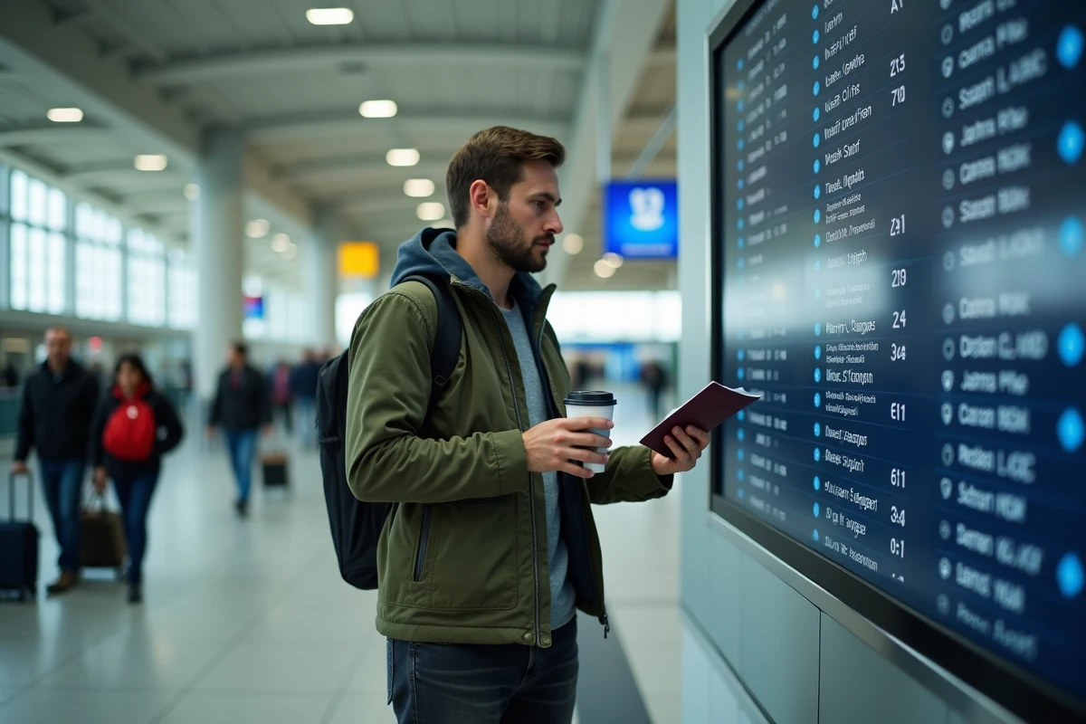 Homme consultant un tableau des départs dans un aéroport international avant d'embarquer sur un vol frencbee vers les États-Unis
