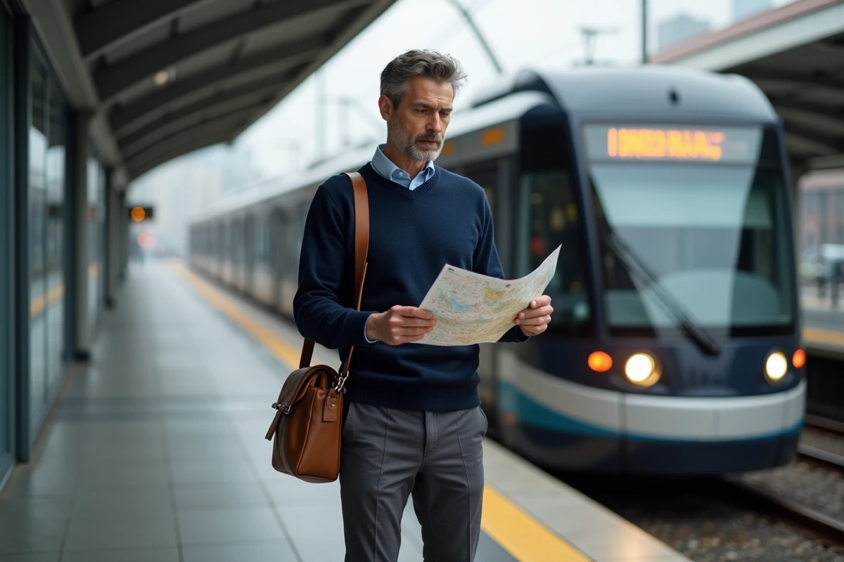 Homme attendant le tram sur un quai moderne pour un transport en commun écologique