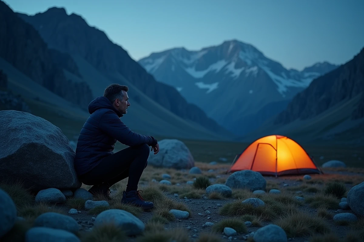 Homme accroupi derrière un rocher en pleine nature lors d'un camping en montagne la nuit