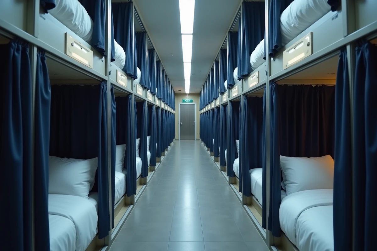 Intérieur d'un hôtel capsule japonais avec rangées de pods de sommeil