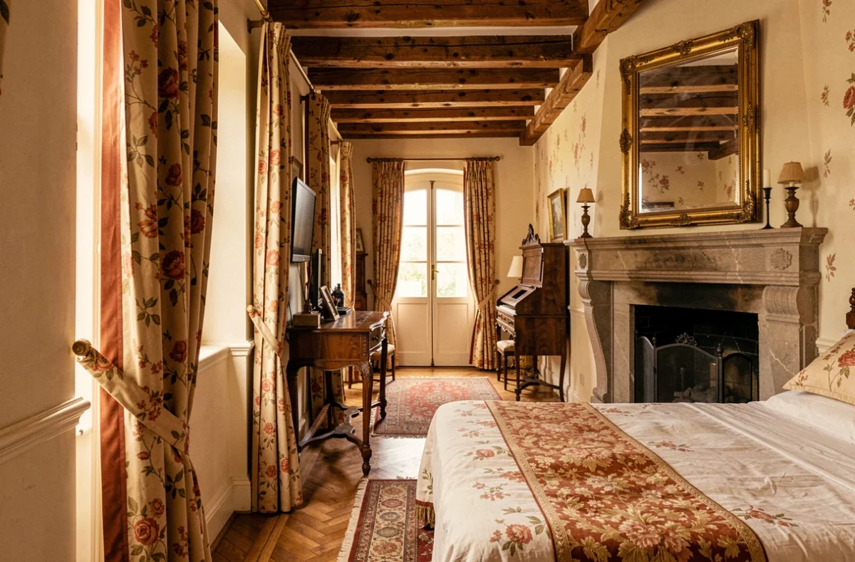 Chambre de caractère de l'Hôtel de Harlay, avec poutres apparentes, mobilier ancien et cheminée en pierre