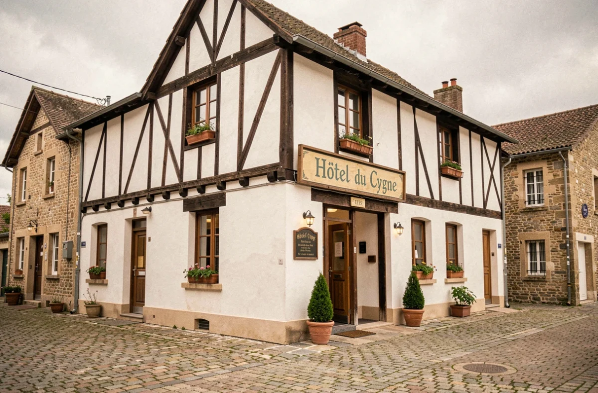 Façade de l'Hôtel du Cygne, auberge traditionnelle à colombages dans une ville de l'Oise avec cour pavée