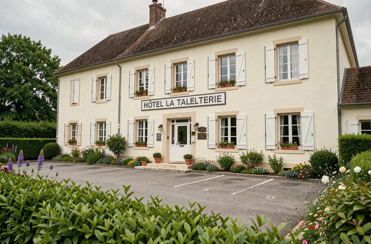 Façade accueillante de l'Hôtel La Tabletterie, hôtel de province dans l'Oise avec volets et jardin fleuri