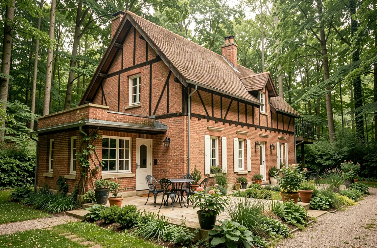 Façade de l'Hôtel Relais d'Aumale, relais de chasse en brique rouge entouré de la forêt de l'Oise