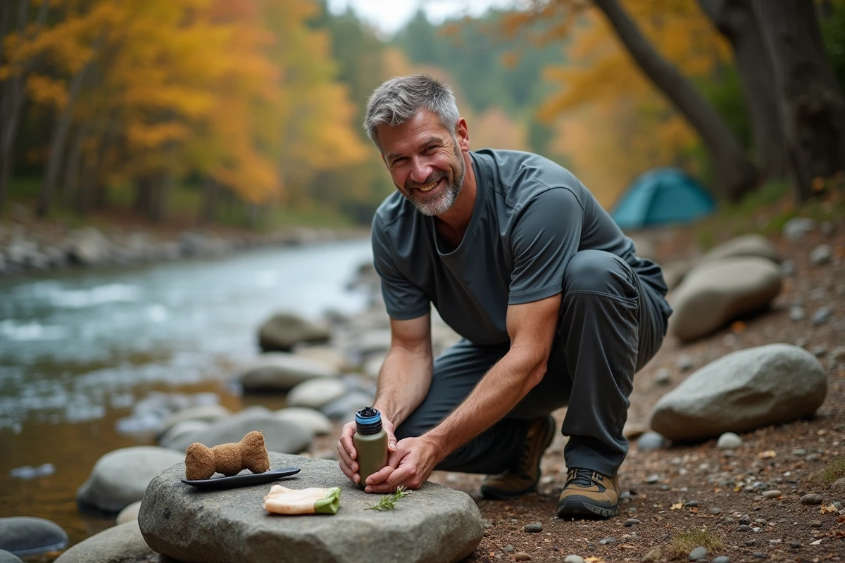 Randonneur se lavant les mains avec une gourde de camping au bord d'une rivière, kit hygiène Leave No Trace avec truelle et savon biodégradable