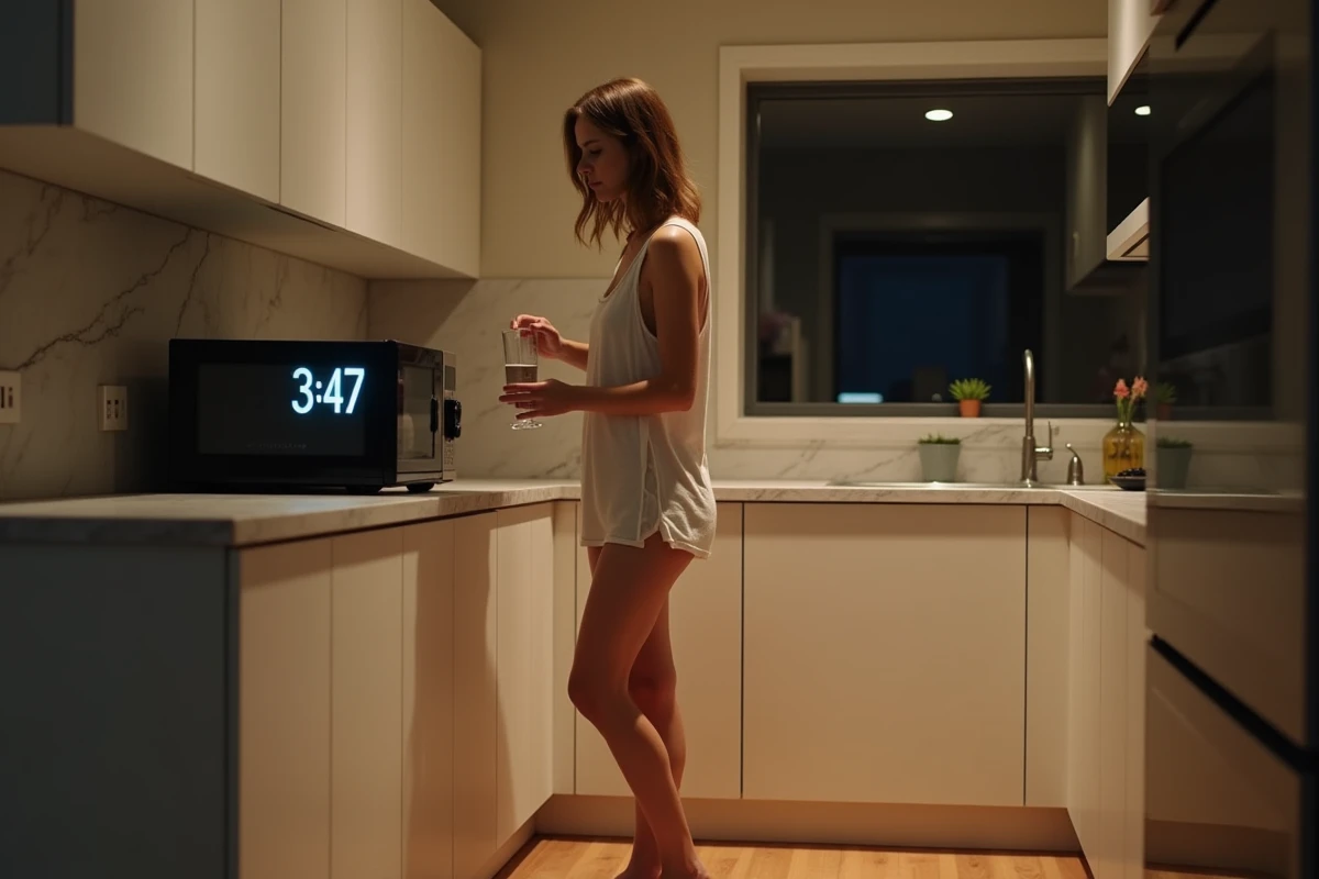 Jeune femme insomniaque debout dans sa cuisine la nuit, incapable de dormir à cause du décalage horaire après un voyage intercontinental