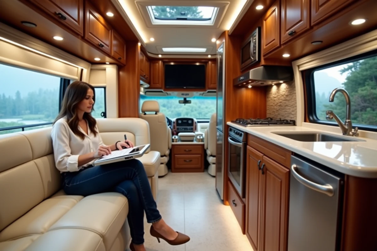 Intérieur luxueux d'un camping-car haut de gamme avec salon en cuir, cuisine équipée et finitions premium