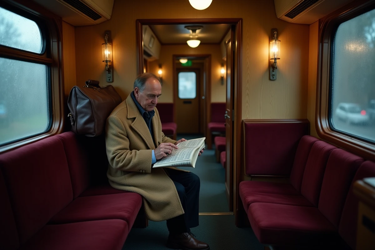 Intérieur d'un compartiment de train de nuit européen avec un voyageur lisant un journal sur une banquette en velours bordeaux