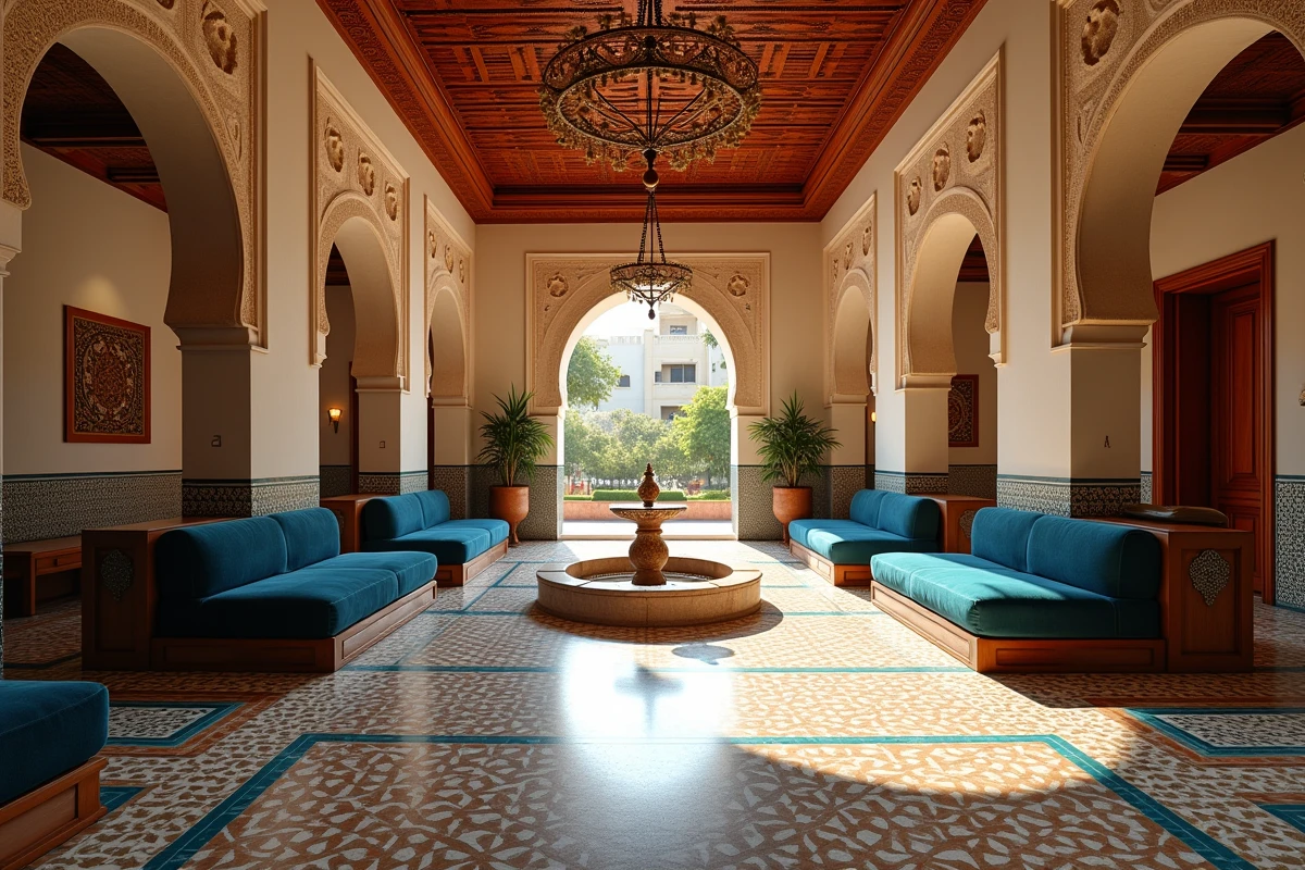 Intérieur luxueux du lobby de La Mamounia avec plafonds en cèdre sculpté et mosaïques de zellige colorées