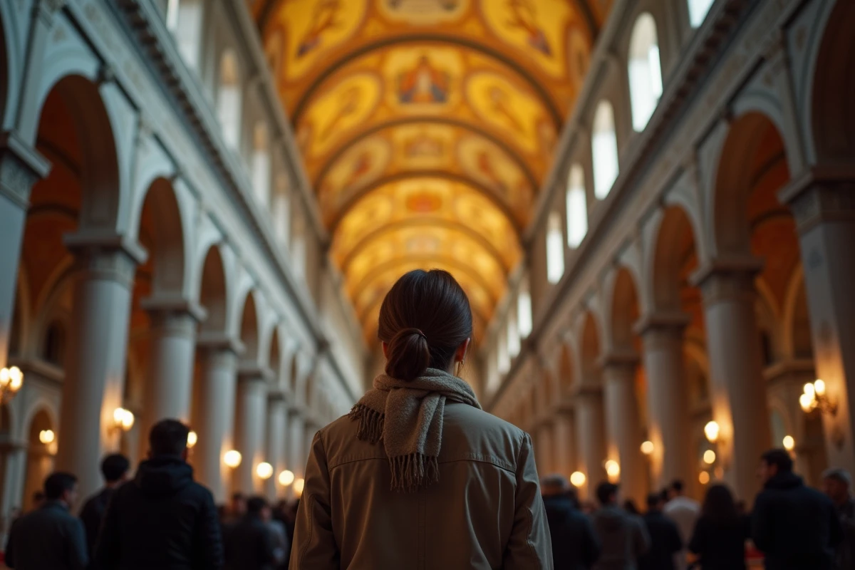 Intérieur de la basilique Saint-Marc avec une touriste admirant les mosaïques dorées du plafond byzantin