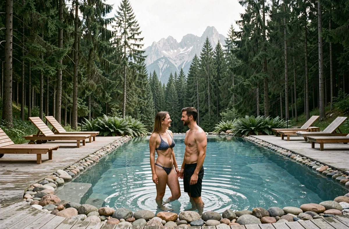 Piscine extérieure du Jiva Hill Resort intégrée dans la forêt alpine avec vue sur les montagnes du Jura